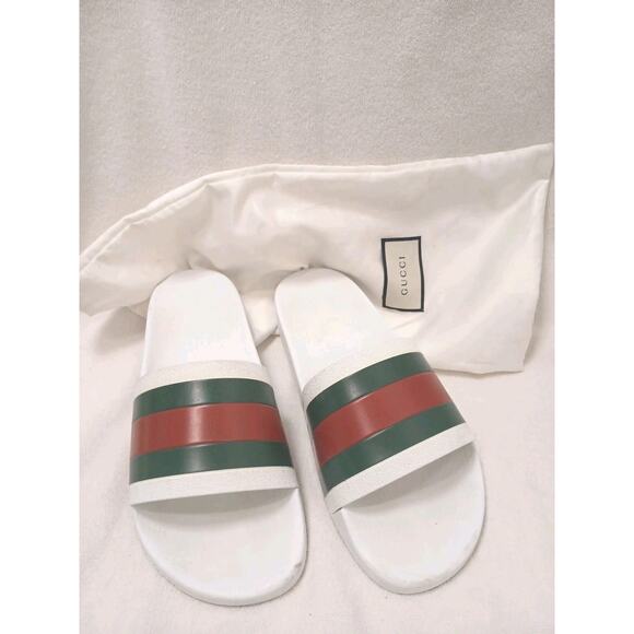 Gucci Pursuit 72 Slides w DUST BAG Men’s 11 Inch White Rubber Red Green Striped - Picture 1 of 16